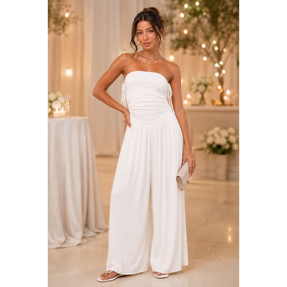 LULUS Halloran Pointelle Strapless Wide-Leg Jumpsuit L White Flowy NWT B84